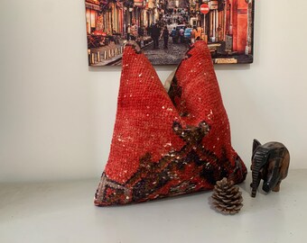 Funda de almohada estilo alfombra bohemia de 40 x 40 cm, funda de almohada estilo kilim azul marino y rojo, decoración bohemia, almohada decorativa, cojín de alfombra turca, fundas de almohada grandes.