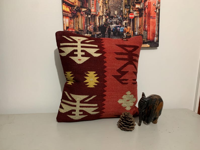 Funda de cojín Kilim de 40x40 cm: Cojín de sofá tejido a mano en lana turca. imagen 2