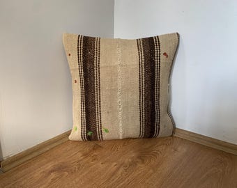 Handmade Kilim Pillow Cover 20x20: Beige Brown Turkish Cushion, Striped Throw Pillows, Living Room Decor