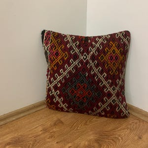 Red Kilim Pillow Cover 16x16 | Turkey Throw Pillowcase, Turkish Rug Cushion ⇻ Antique Pillows Sham, Bench Decor