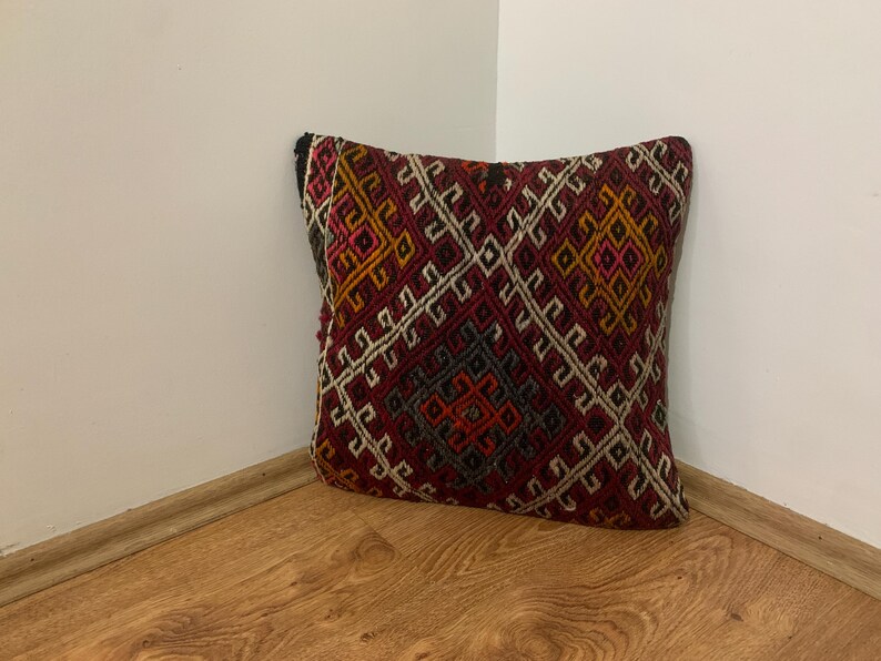 Red Kilim Pillow Cover 16x16 | Turkey Throw Pillowcase, Turkish Rug Cushion ⇻ Antique Pillows Sham, Bench Decor