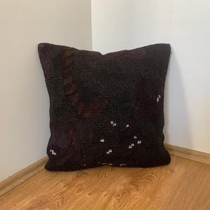 Vintage Rug Pillow 20x20: Mid-Century Modern, Black Throw Pillow Cover Cushion, Floral Turkish Kilim Pillow, Home Decor Gift