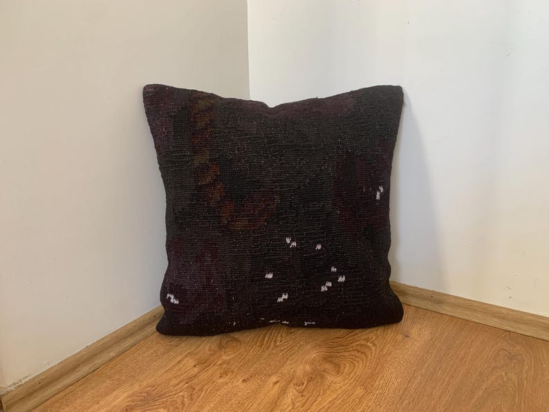 Vintage Rug Pillow 20x20: Mid-Century Modern, Black Throw Pillow Cover Cushion, Floral Turkish Kilim Pillow, Home Decor Gift
