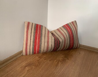Beige Pink Lumbar Kilim Pillow Covers -12X24 -Rectangle Throw Pillow -Tribal Decor -Striped Pillow Cover -Decorative Pillow -Couch Cushions