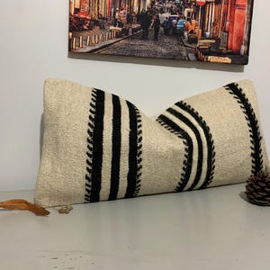 Cream Black Lumbar Pillow Cover -Bolster Throw Pillow -Rustic Home Decor -Decorative Pillow Couch -12x24 Kilim Pillow Case -Turkish Cushion
