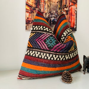 Wool Bohemian Throw Pillow Cover 20x20, Handmade Kilim Pillow, Turkish Pillow for Couch, Living Room Decor, Colorful Vintage Pillow Case