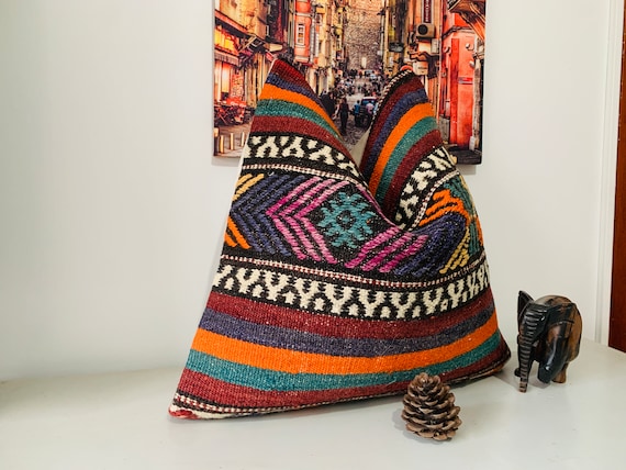 Wool Bohemian Throw Pillow Cover 20x20, Handmade Kilim Pillow, Turkish Pillow for Couch, Living Room Decor, Colorful Vintage Pillow Case