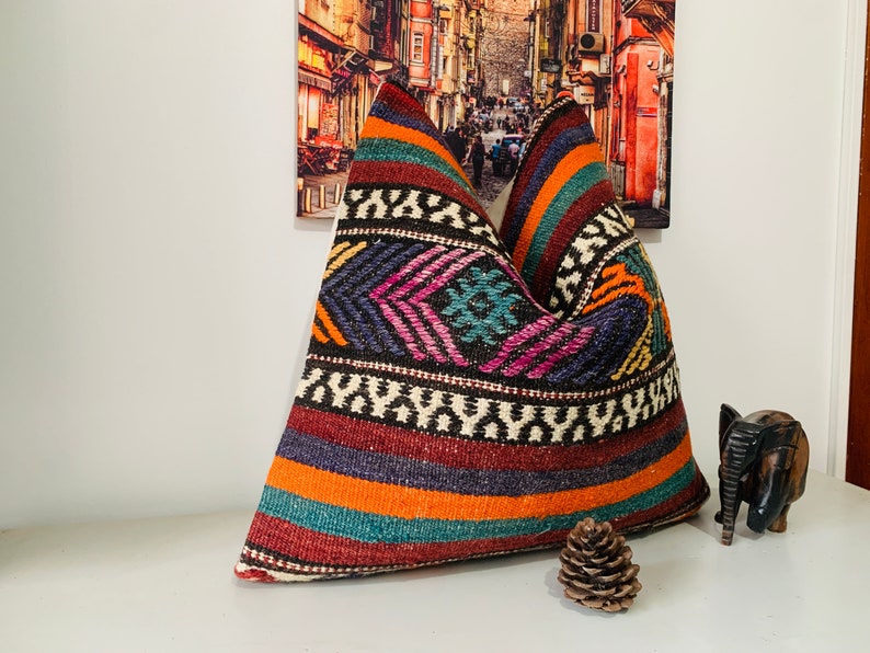Wool Bohemian Throw Pillow Cover 20x20, Handmade Kilim Pillow, Turkish Pillow for Couch, Living Room Decor, Colorful Vintage Pillow Case