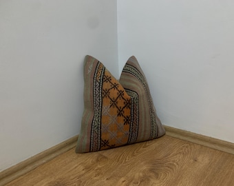 Handmade Kilim Pillow Cover 16x16 -Square Chair Cushion -Throw Pillowcase -Bohemian Turkish Pillow -Decorative Pillow -Living Room Decor