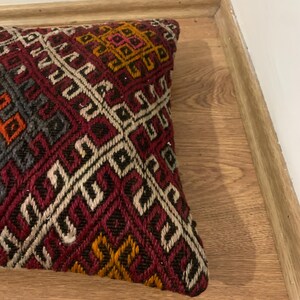 Red Kilim Pillow Cover 16x16 | Turkey Throw Pillowcase, Turkish Rug Cushion ⇻ Antique Pillows Sham, Bench Decor image 8