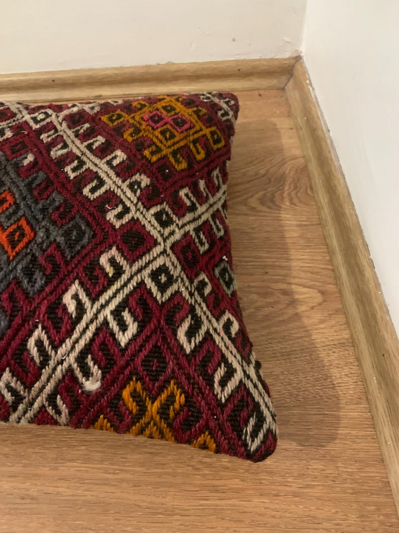 Red Kilim Pillow Cover 16x16 | Turkey Throw Pillowcase, Turkish Rug Cushion ⇻ Antique Pillows Sham, Bench Decor image 8