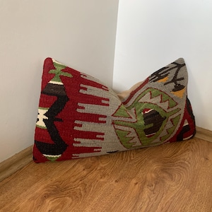 Handmade Bench Cushion Cover 12x24 -Gray Red Rectangular Throw Pillows Sham -Wool Turkish Kilim Pillow Lumbar