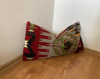 Handmade Bench Cushion Cover 12x24 -Gray Red Rectangular Throw Pillows Sham -Wool Turkish Kilim Pillow Lumbar