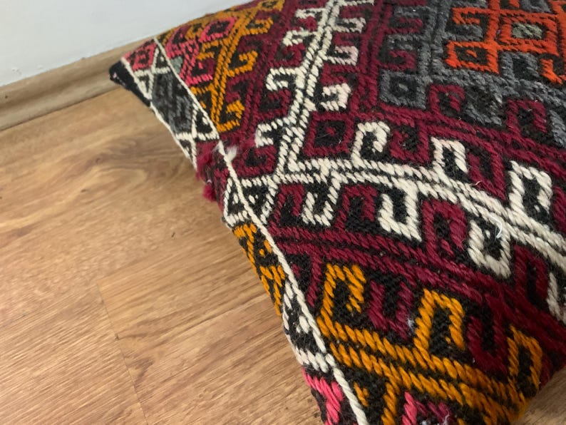 Red Kilim Pillow Cover 16x16 | Turkey Throw Pillowcase, Turkish Rug Cushion ⇻ Antique Pillows Sham, Bench Decor image 9