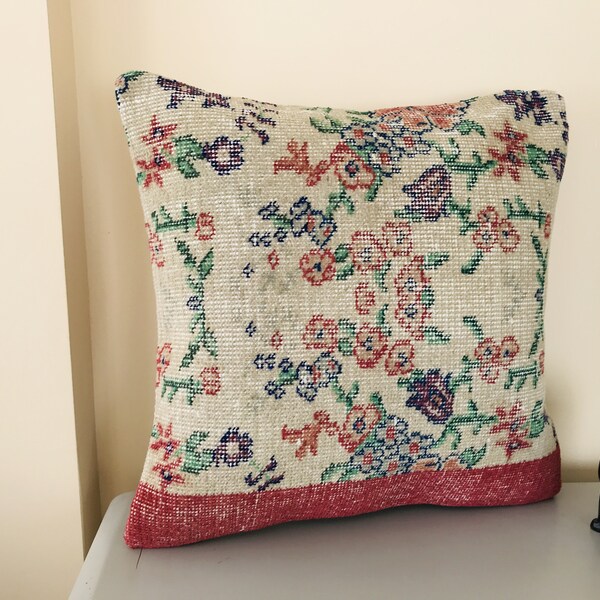 Floral Kilim Pillow -20x20 Throw Pillow Cover -Turkish Rug Pillow Cover -Victorian Decor Pillow -Decorative Couch Cushion Carpet Pillow Sofa