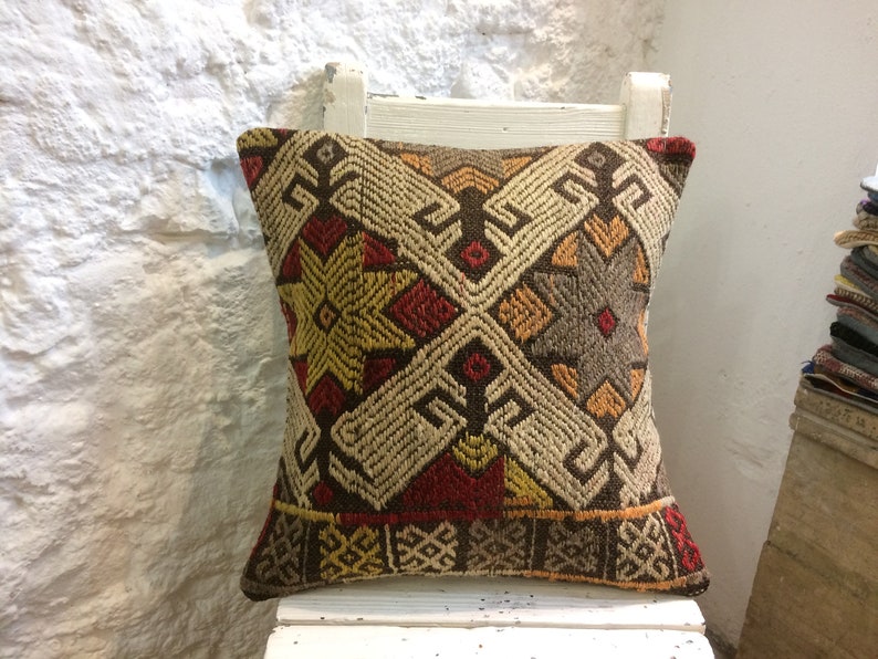 16x16 Southwestern Decor Turkey Cushion Kilim Pillow Turkish Vintage Items Couch Decorative Pillow Red Gray Navajo Throw Pillow Covers