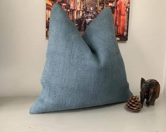 Blauer Dekokissenbezug 20x20 | Dekorativer Teppich Kissen, Vintage Kelim Kissenbezug ⇻ Handgewebtes türkisches Kissen, Bodendeko