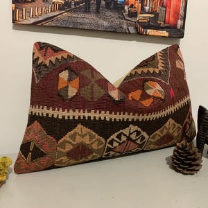 Small Turkish Pillow, Lumbar Kilim Pillow -12x20 Pillow Cover -Handwoven Throw Pillow -Rectangular Cushion -Carpet Pillow -Mid Century Decor