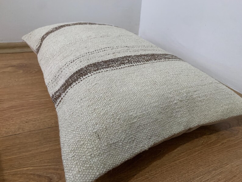 Vintage Lumbar Kilim Pillow Cover 16x24, Cream Brown Striped Pillows, Rustic Room Decor, Turkish Sofa Pillowcase image 9