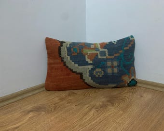 Floral Kilim Lumbar Pillow Cover: 12x20 Turkish Rug Pillow, Handmade Throw Pillows, Bench Cushion, Red Blue