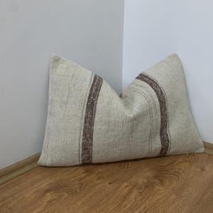Vintage Lumbar Kilim Pillow Cover 16x24, Cream Brown Striped Pillows, Rustic Room Decor, Turkish Sofa Pillowcase