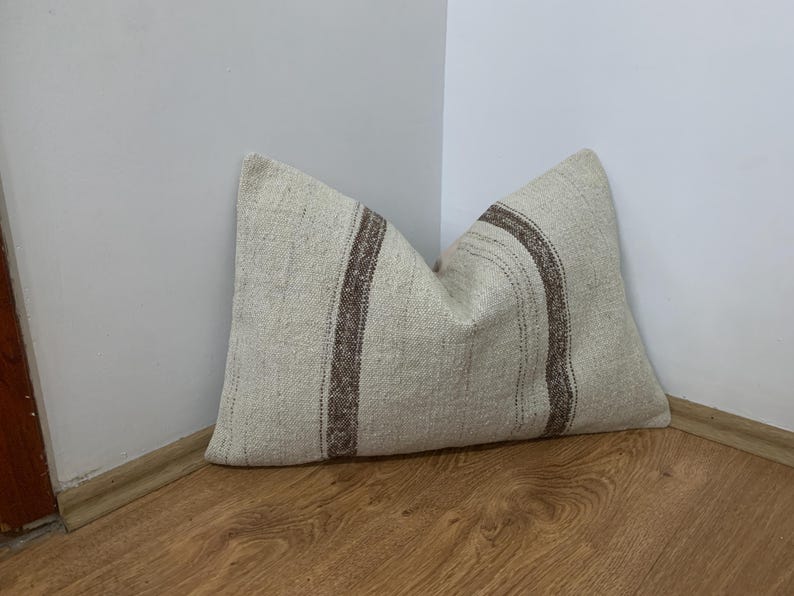 Vintage Lumbar Kilim Pillow Cover 16x24, Cream Brown Striped Pillows, Rustic Room Decor, Turkish Sofa Pillowcase