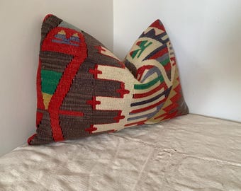 Vintage Turkish Kilim Pillow Cover, Handmade Wool Lumbar Cushion (16x24) Geometric Throw Pillows