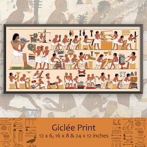 Könnte beinhalten: Ein farbenfroher Giclée-Druck eines alten ägyptischen Grabbildes, das eine Szene von Handwerkern zeigt, die in einer Werkstatt arbeiten. Der Druck zeigt eine Vielzahl von Figuren, Werkzeugen und Gegenständen, darunter einen Mann, der eine Lotusblume, eine Waage und eine Vielzahl von Werkzeugen hält. Der Druck ist in drei Größen erhältlich: 30,5 x 15,2 cm, 40,6 x 20,3 cm und 61 x 30,5 cm.