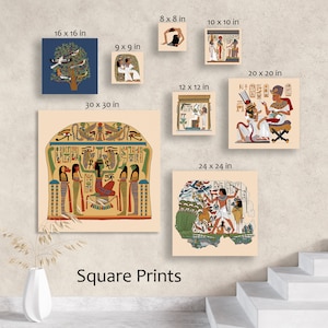 May include: A set of square prints featuring Egyptian art. The prints depict scenes of ancient Egyptian life, including a woman seated on a throne, a man hunting birds, and a group of people standing in front of a temple. The prints are available in a variety of sizes, from 8x8 inches to 30x30 inches.