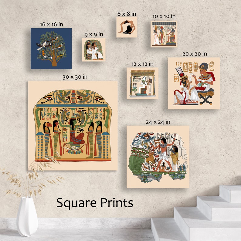 May include: A set of square prints featuring Egyptian art. The prints depict scenes of ancient Egyptian life, including a woman seated on a throne, a man hunting birds, and a group of people standing in front of a temple. The prints are available in a variety of sizes, from 8x8 inches to 30x30 inches.
