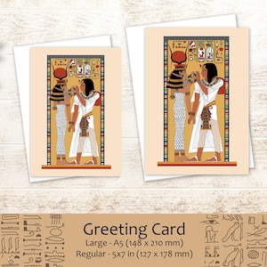 La diosa Hathor y el rey Seti I - Tarjeta de felicitación egipcia antigua A5 5x7 en blanco en el interior para cumpleaños, aniversario, San Valentín, regalo, nota de agradecimiento