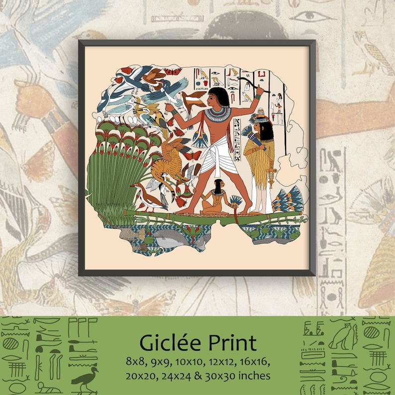 May include: A gicl&eacute;e print of an ancient Egyptian scene depicting a man with a staff, a woman, and various birds and animals. The print is available in multiple sizes, including 8x8, 9x9, 10x10, 12x12, 16x16, 20x20, 24x24, and 30x30 inches.