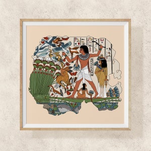 May include: An illustration of an ancient Egyptian scene depicting a man with a bow and arrow hunting birds. The scene is filled with colorful birds, plants, and hieroglyphs. The man is wearing a white kilt and a crown.