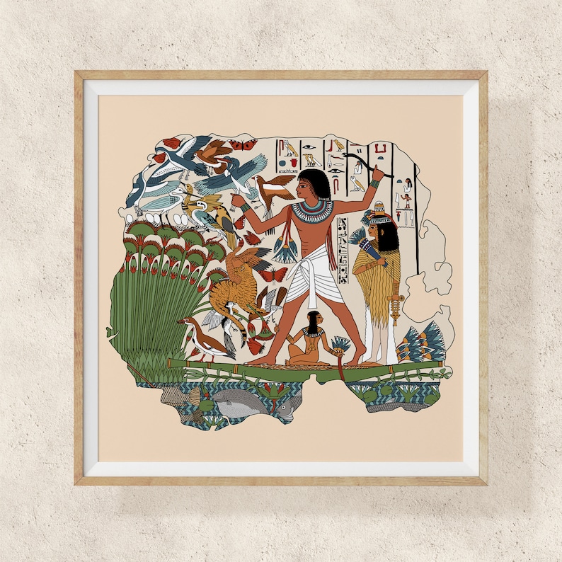 May include: An illustration of an ancient Egyptian scene depicting a man with a bow and arrow hunting birds. The scene is filled with colorful birds, plants, and hieroglyphs. The man is wearing a white kilt and a crown.