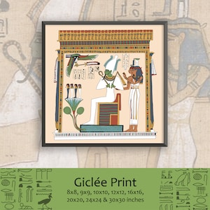 May include: A Giclée print of an Egyptian god with a green face and a white headdress. The god is seated on a throne and is holding a staff. A woman in a white dress stands behind the god. The print is available in various sizes, including 8x8, 9x9, 10x10, 12x12, 16x16, 20x20, 24x24, and 30x30 inches.