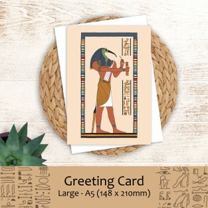 Thoth Ibis, Dios de la Escritura, la Sabiduría, el Juicio y el Conocimiento - Tarjeta de felicitación A5 del Antiguo Egipto, en blanco, para cumpleaños, aniversario y agradecimiento.