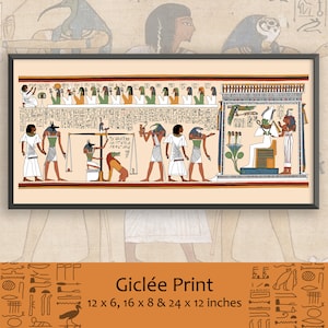 May include: A colorful giclée print of an ancient Egyptian scene depicting the weighing of the heart ceremony. The print features hieroglyphics, gods, and a scale with a heart on one side and a feather on the other. The print is available in three sizes: 12 x 6 inches, 16 x 8 inches, and 24 x 12 inches.