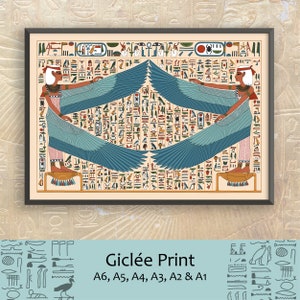 Peut inclure: Une impression encadrée d'une déesse égyptienne aux ailes déployées. L'impression présente des hiéroglyphes et est disponible en plusieurs tailles : A6, A5, A4, A3, A2 et A1.