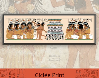 May include: A Giclée print of an ancient Egyptian wall painting depicting a group of women playing music and dancing. The print is available in three sizes: 18 x 6 inches, 24 x 8 inches, and 36 x 12 inches.
