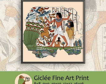 Ancient Egyptian Reproduction Unframed Giclee Art Print - Nebamun Hunting in the Marshes on Boat with Family, Tomb Painting Museum Replica
