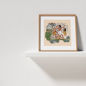 May include: Framed print of an ancient Egyptian wall painting depicting a man hunting birds in a marsh. The painting is in a light brown frame with a white mat.