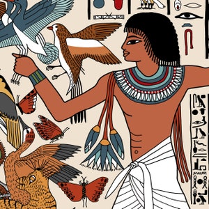 May include: An illustration of an ancient Egyptian man with dark skin, black hair, and a white kilt. He is wearing a colorful necklace and holding a bird in his hand. The background is filled with hieroglyphics, birds, butterflies, and lotus flowers.