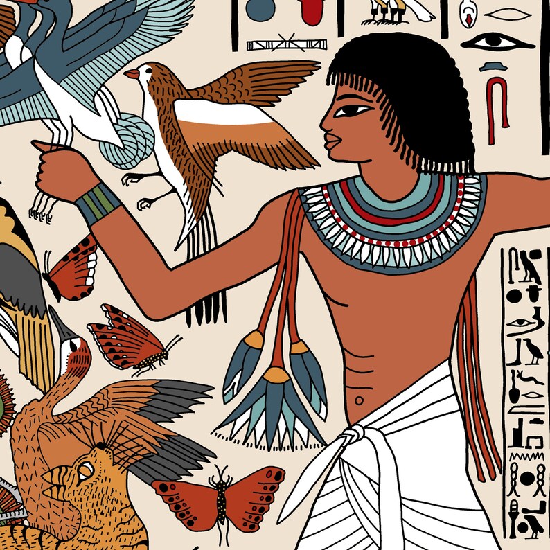 May include: An illustration of an ancient Egyptian man with dark skin, black hair, and a white kilt. He is wearing a colorful necklace and holding a bird in his hand. The background is filled with hieroglyphics, birds, butterflies, and lotus flowers.