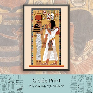 Reproducción de arte sin marco del antiguo Egipto: La diosa Hathor da la bienvenida al faraón Seti I al inframundo (relieve de la tumba del museo)
