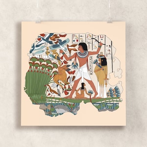 May include: A colorful illustration depicting an ancient Egyptian scene with a man holding a staff and surrounded by birds and plants. The scene is set against a background of hieroglyphs.