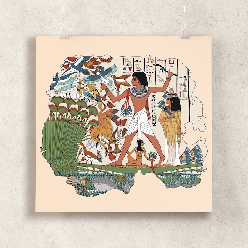 May include: A colorful illustration depicting an ancient Egyptian scene with a man holding a staff and surrounded by birds and plants. The scene is set against a background of hieroglyphs.