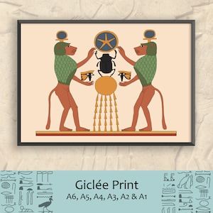 Ancient Egyptian Reproduction Unframed Art Print - God Thoth baboons praising the scarab beetle god Khepri and the morning sun, eye of horus