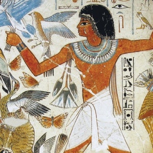 May include: A colorful Egyptian tomb painting depicting a man holding a bouquet of blue lotus flowers. The painting features hieroglyphics, birds, and butterflies.