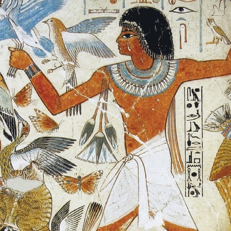 May include: A colorful Egyptian tomb painting depicting a man holding a bouquet of blue lotus flowers. The painting features hieroglyphics, birds, and butterflies.