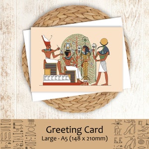 Atum, Seshat y Thoth celebrando a Ramsés - Tarjeta de felicitación egipcia antigua A5 en blanco en el interior, tarjeta de regalo de cumpleaños, aniversario, San Valentín